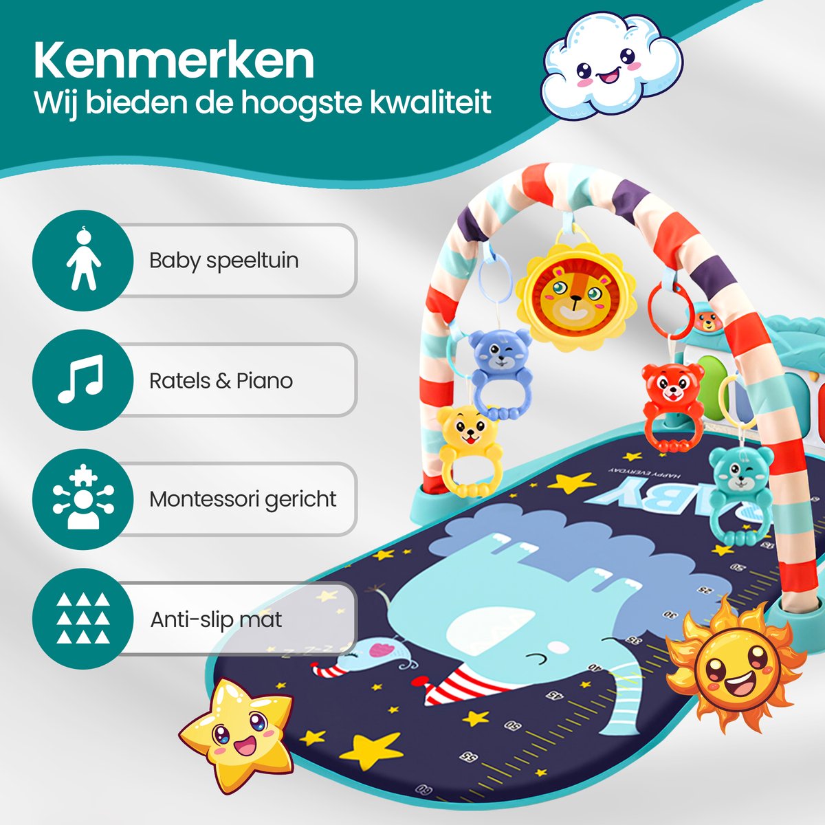 Velox Goods VL-504 Baby Gym with Fitness Piano – Play Mat for Babies from 3 Months – Educational Activity Center with Music, Lights and Removable Toys – Stimulates Motor Development – Blue