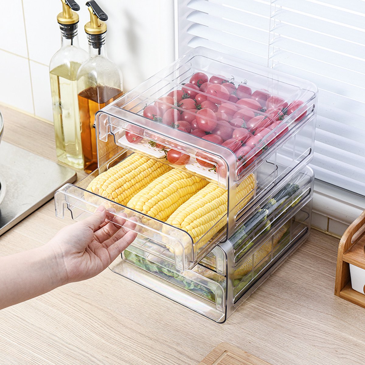 Velox Goods VL‑525 Refrigerator Organizer – Stackable PET Storage Box – Drawer for Vegetable, Fruit & Meat – 24 × 21.5 × 14 cm – Transparent
