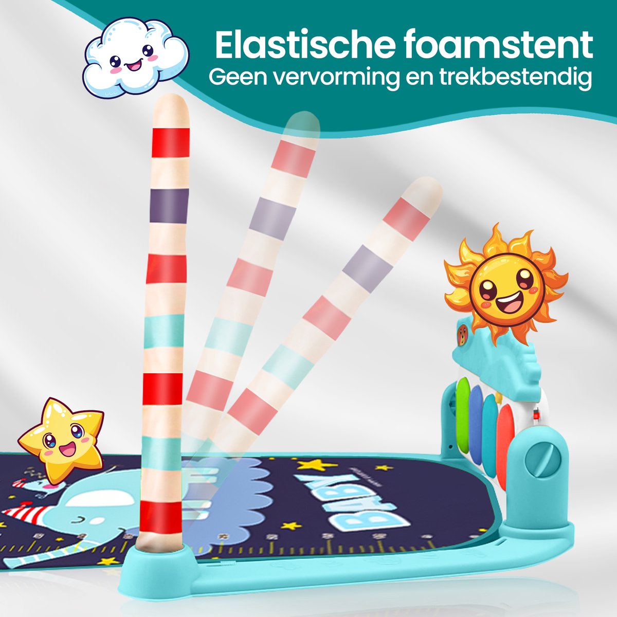 Velox Goods VL-504 Baby Gym with Fitness Piano – Play Mat for Babies from 3 Months – Educational Activity Center with Music, Lights and Removable Toys – Stimulates Motor Development – Blue