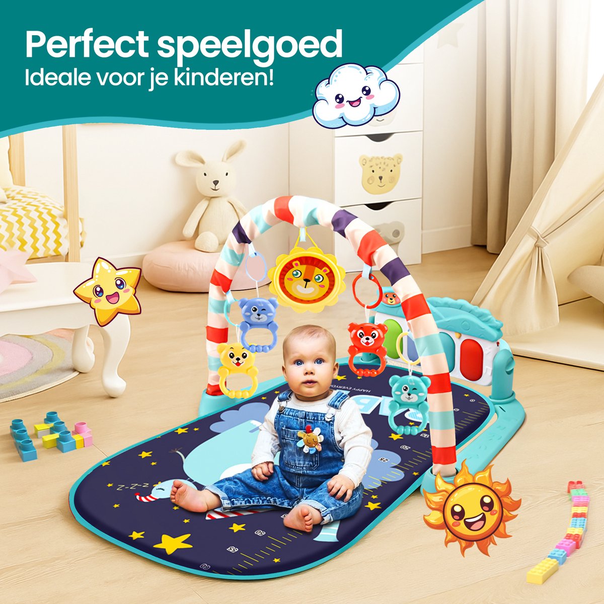 Velox Goods VL-504 Baby Gym with Fitness Piano – Play Mat for Babies from 3 Months – Educational Activity Center with Music, Lights and Removable Toys – Stimulates Motor Development – Blue