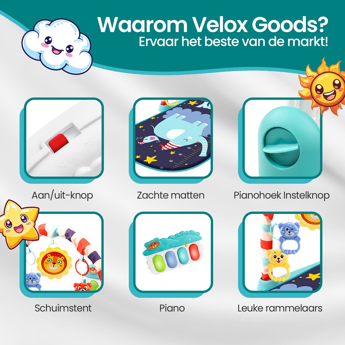 Velox Goods VL-504 Baby Gym with Fitness Piano – Play Mat for Babies from 3 Months – Educational Activity Center with Music, Lights and Removable Toys – Stimulates Motor Development – Blue