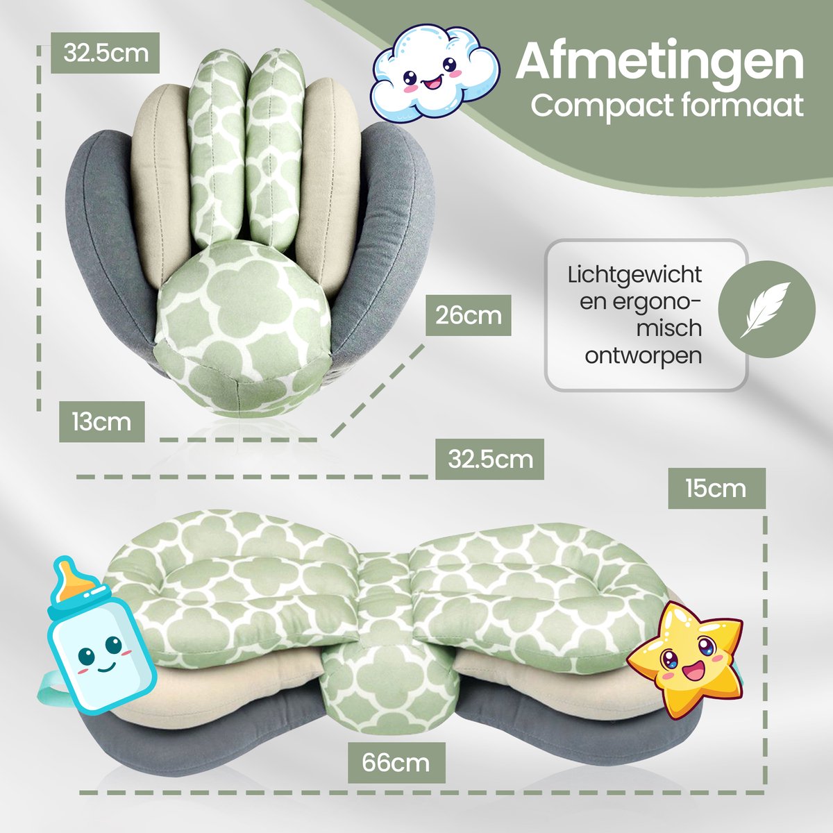 Velox Goods VL-507 Adjustable Ergonomic Nursing Pillow – Supportive & Comfortable – 3-Layer Height Adjustable – Removable Washable Cover – Light Green/Gray/White