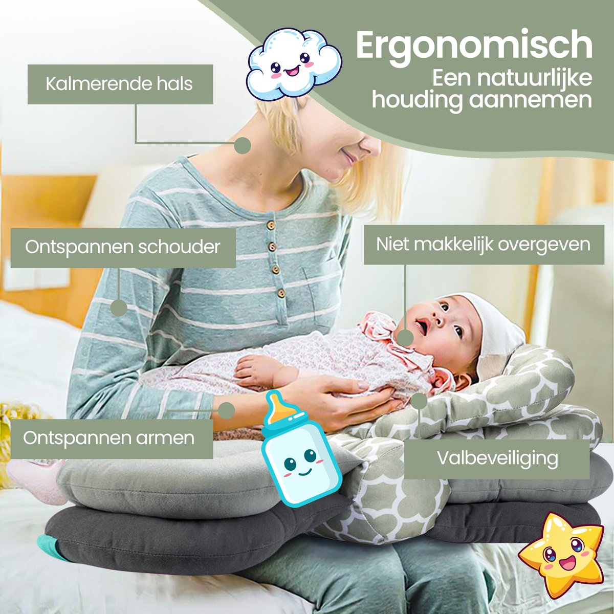 Velox Goods VL-507 Adjustable Ergonomic Nursing Pillow – Supportive & Comfortable – 3-Layer Height Adjustable – Removable Washable Cover – Light Green/Gray/White