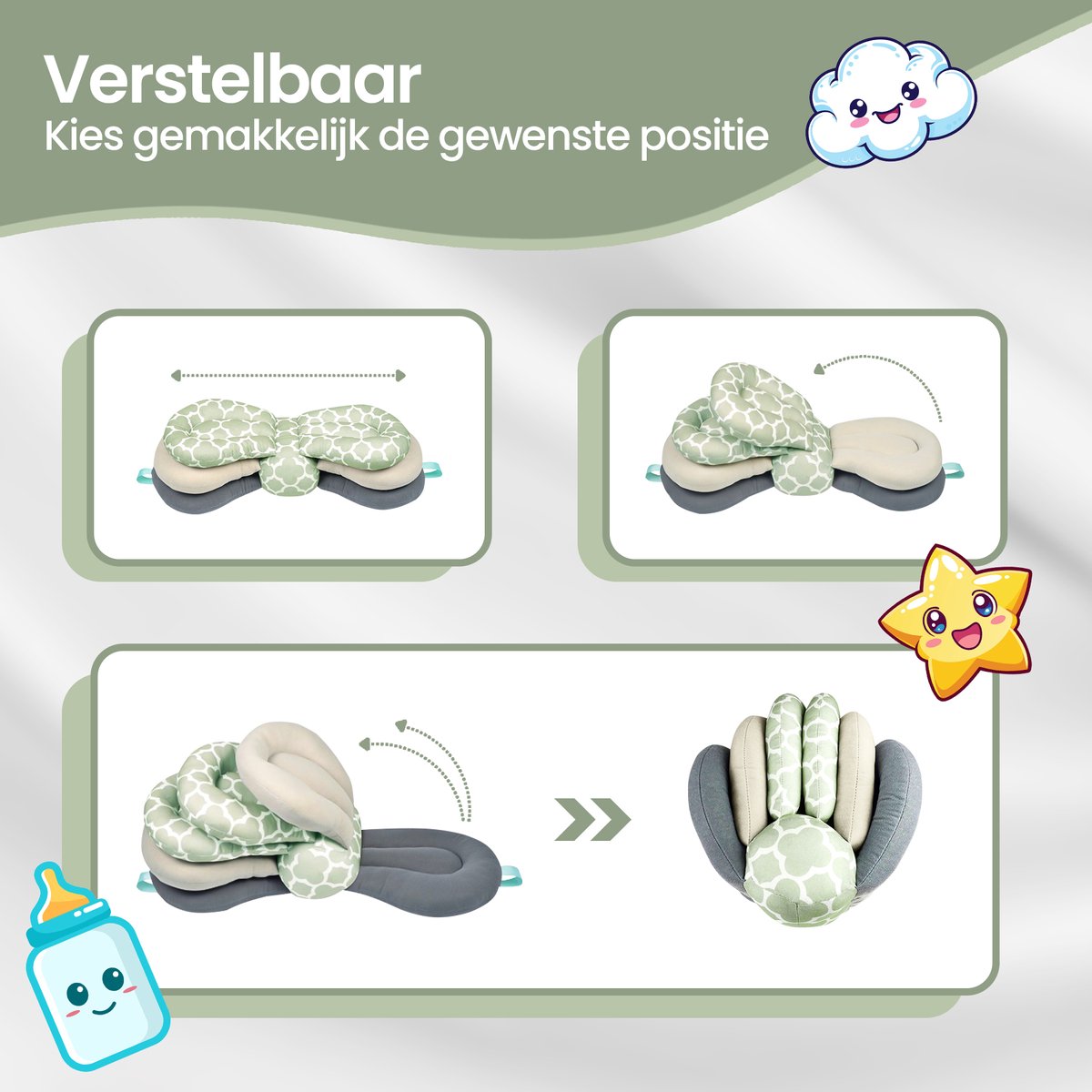 Velox Goods VL-507 Adjustable Ergonomic Nursing Pillow – Supportive & Comfortable – 3-Layer Height Adjustable – Removable Washable Cover – Light Green/Gray/White