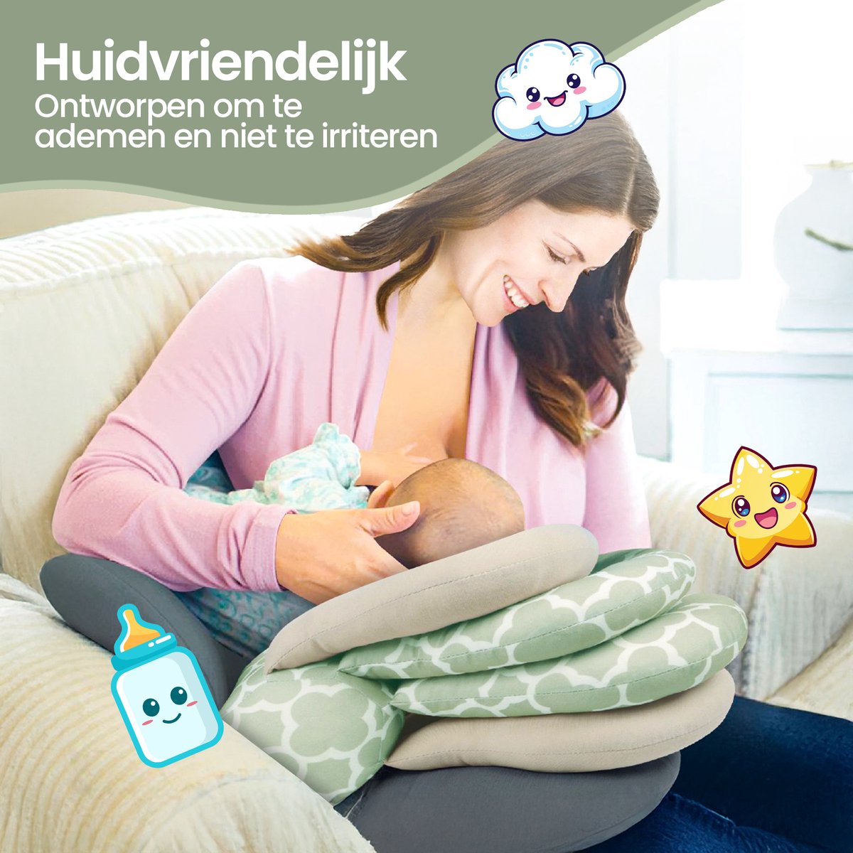 Velox Goods VL-507 Adjustable Ergonomic Nursing Pillow – Supportive & Comfortable – 3-Layer Height Adjustable – Removable Washable Cover – Light Green/Gray/White