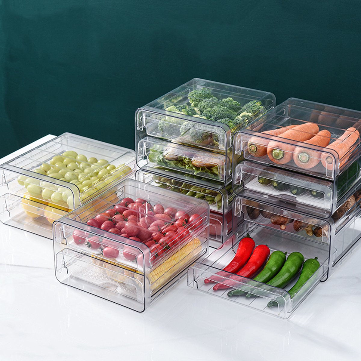 Velox Goods VL‑525 Refrigerator Organizer – Stackable PET Storage Box – Drawer for Vegetable, Fruit & Meat – 24 × 21.5 × 14 cm – Transparent