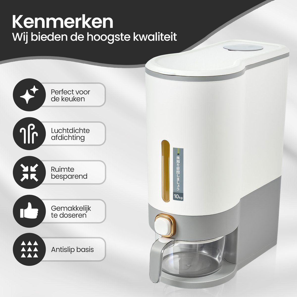 Velox Goods VL‑531 Rice Dispenser – Stock Container with Lid – 10 kg Storage – Grain & Food Container – Storage Bin for Rice, Lentils, Mung Beans & More – Transparent – Kitchen Organizer