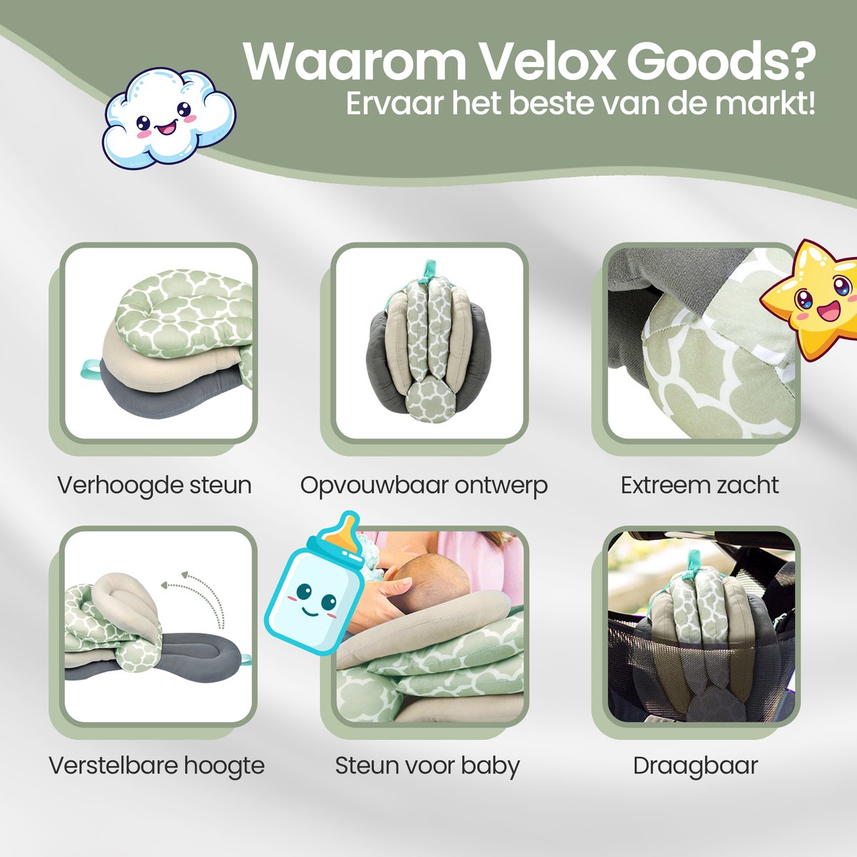 Velox Goods VL-507 Adjustable Ergonomic Nursing Pillow – Supportive & Comfortable – 3-Layer Height Adjustable – Removable Washable Cover – Light Green/Gray/White
