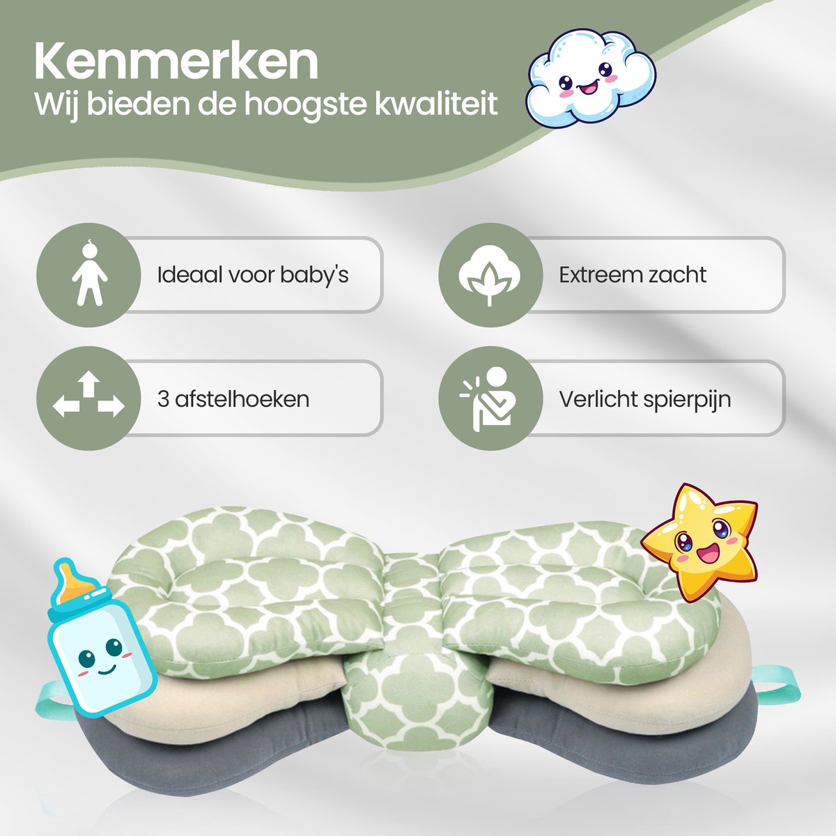 Velox Goods VL-507 Adjustable Ergonomic Nursing Pillow – Supportive & Comfortable – 3-Layer Height Adjustable – Removable Washable Cover – Light Green/Gray/White