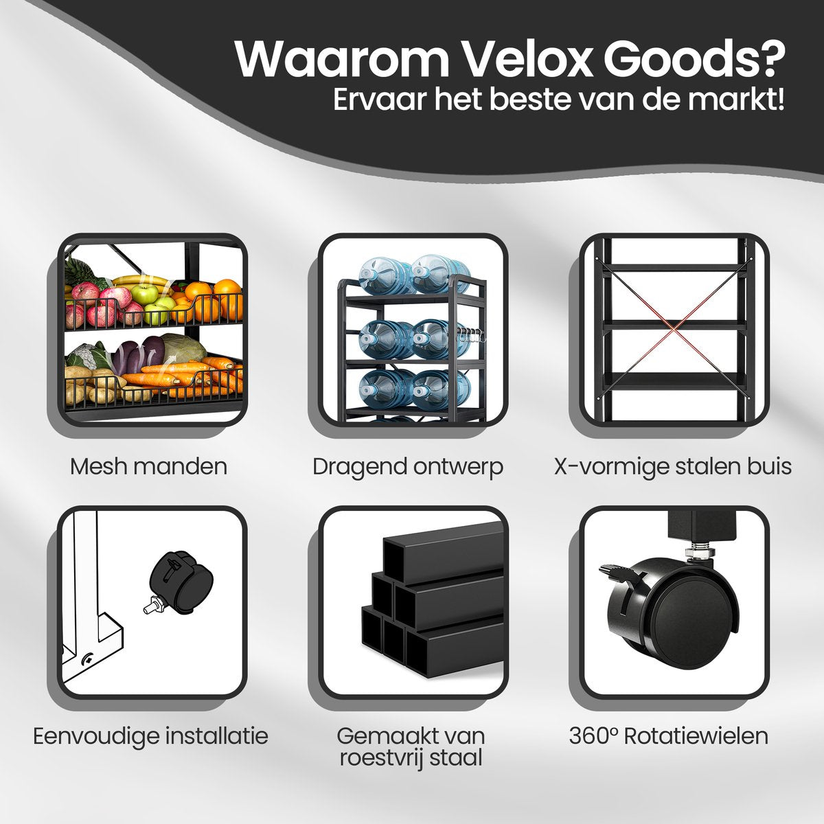 Velox Goods VL‑523 Kitchen Shelves – Sturdy 4-Tier Storage Rack with Microwave Shelf – Metal Standing Kitchen Rack – For Vegetables, Fruits & Appliances – Black