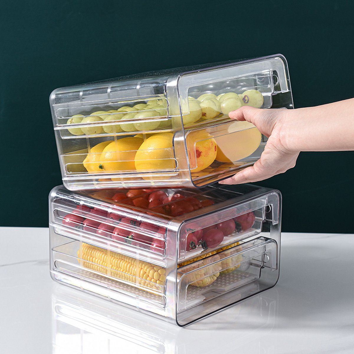 Velox Goods VL‑525 Refrigerator Organizer – Stackable PET Storage Box – Drawer for Vegetable, Fruit & Meat – 24 × 21.5 × 14 cm – Transparent