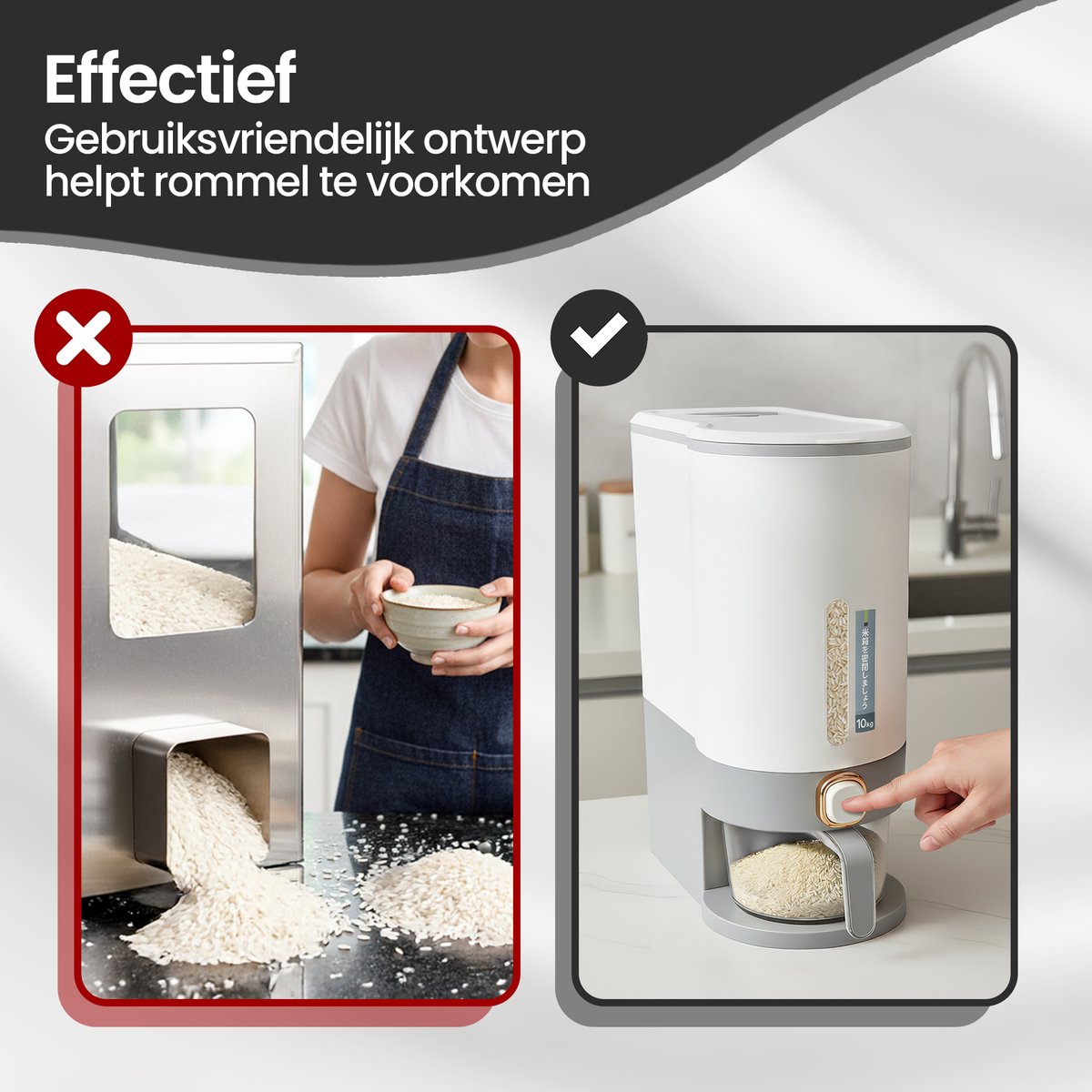 Velox Goods VL‑531 Rice Dispenser – Stock Container with Lid – 10 kg Storage – Grain & Food Container – Storage Bin for Rice, Lentils, Mung Beans & More – Transparent – Kitchen Organizer