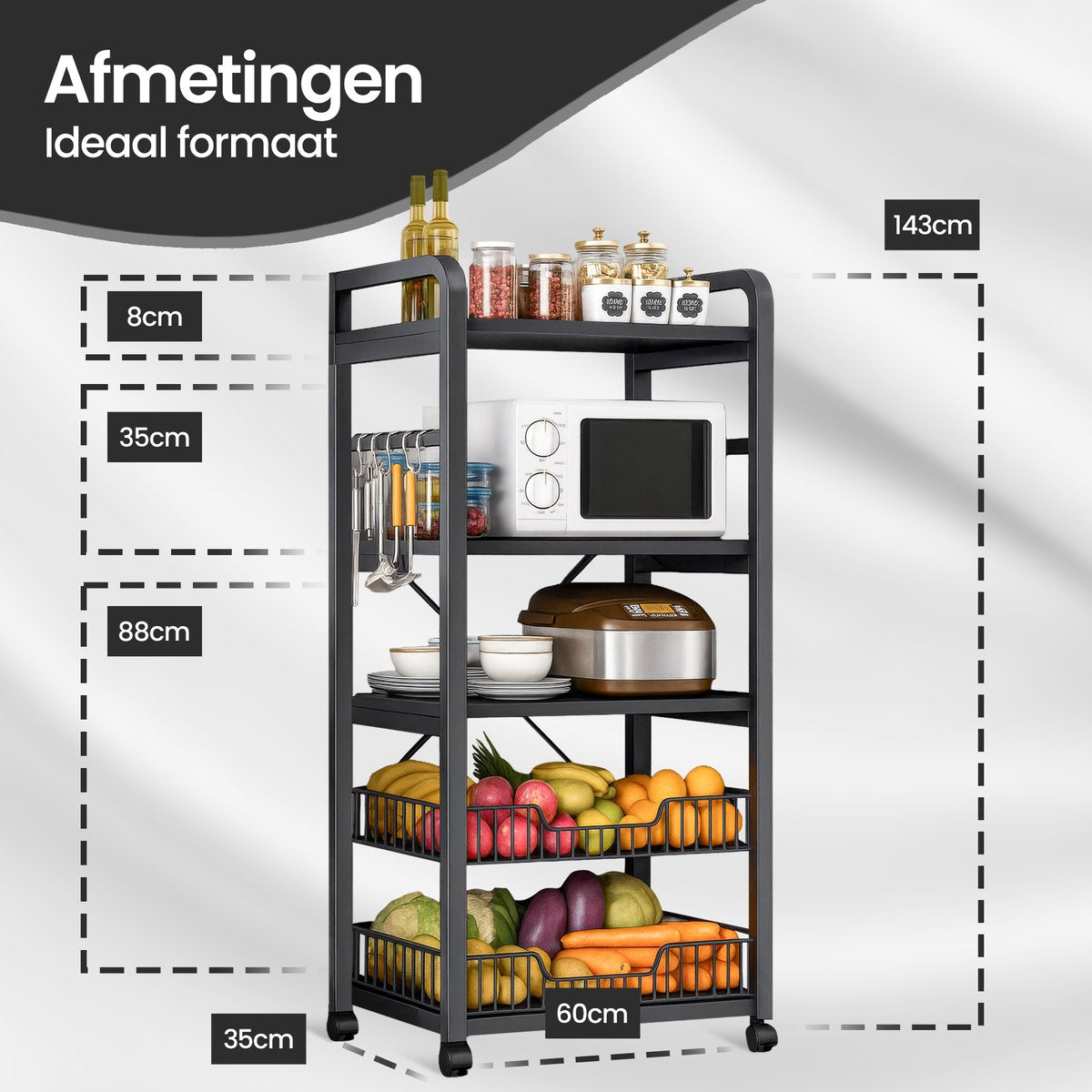 Velox Goods VL‑523 Kitchen Shelves – Sturdy 4-Tier Storage Rack with Microwave Shelf – Metal Standing Kitchen Rack – For Vegetables, Fruits & Appliances – Black