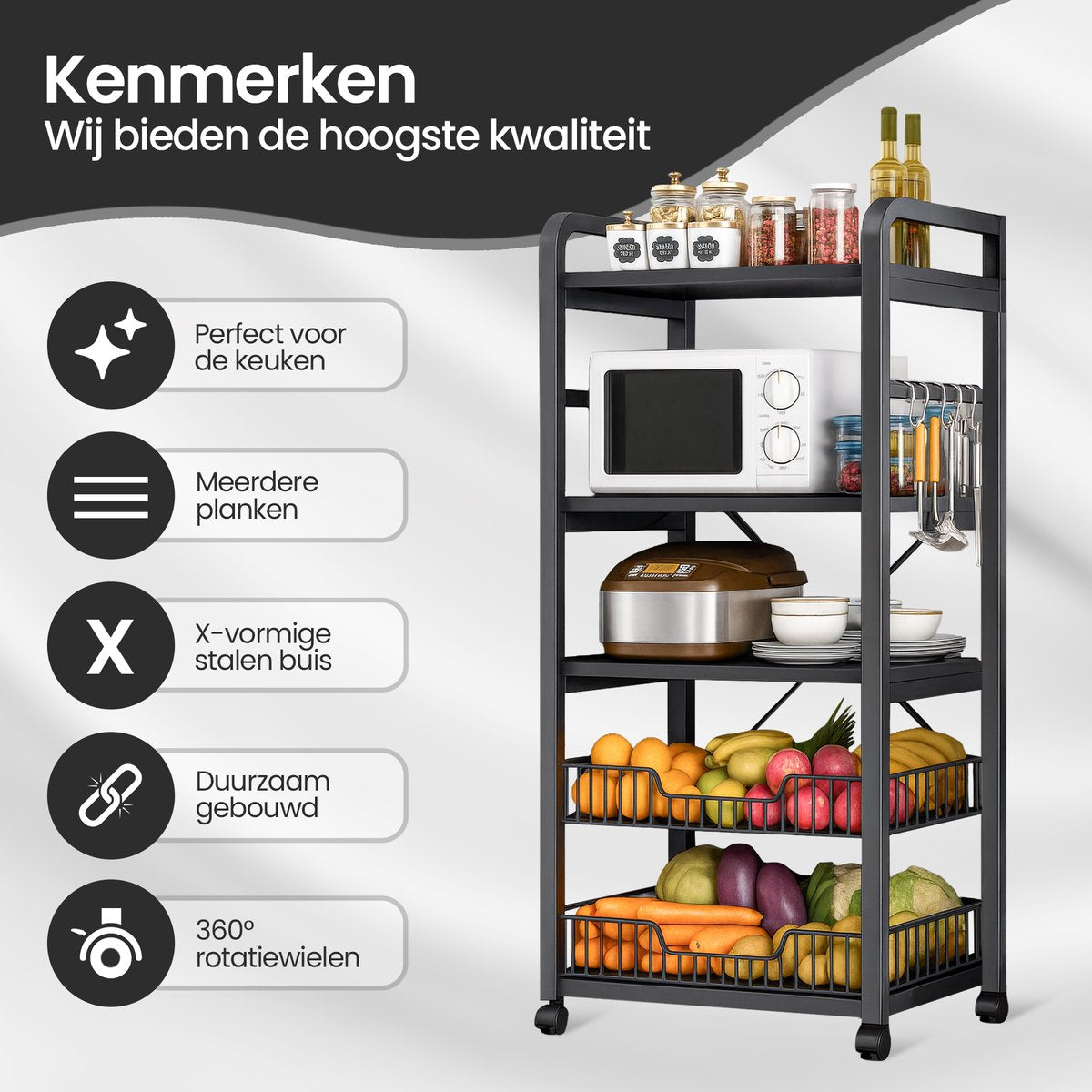 Velox Goods VL‑523 Kitchen Shelves – Sturdy 4-Tier Storage Rack with Microwave Shelf – Metal Standing Kitchen Rack – For Vegetables, Fruits & Appliances – Black