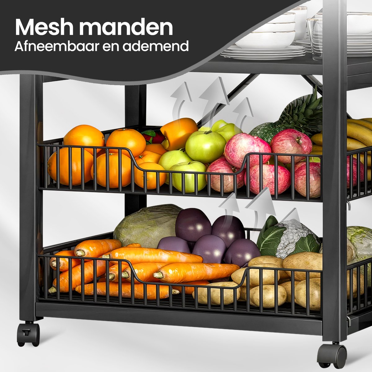 Velox Goods VL‑523 Kitchen Shelves – Sturdy 4-Tier Storage Rack with Microwave Shelf – Metal Standing Kitchen Rack – For Vegetables, Fruits & Appliances – Black