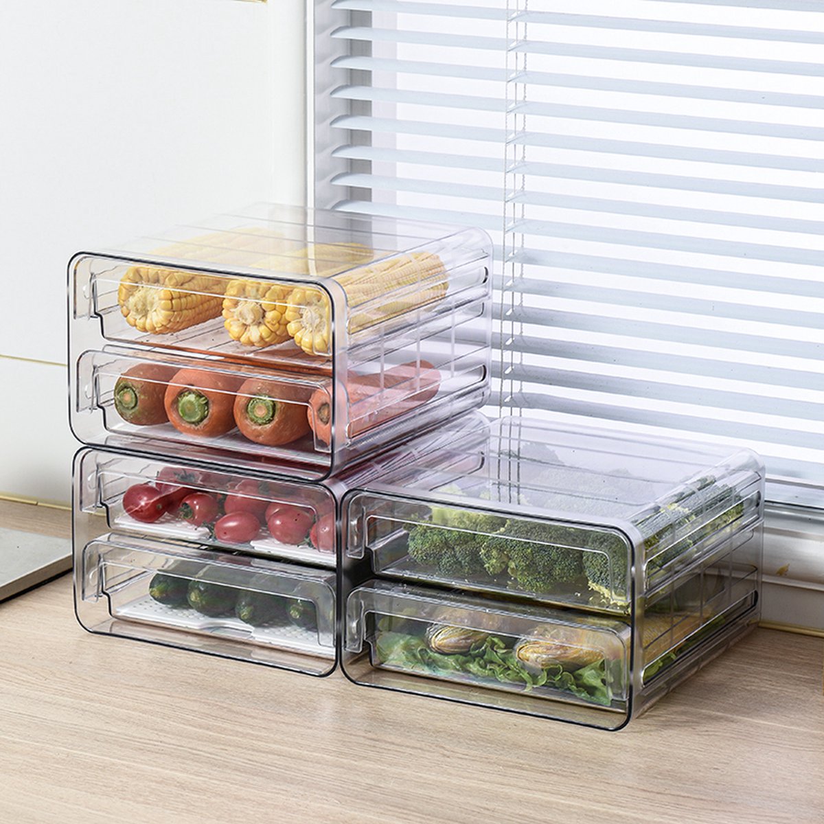 Velox Goods VL‑525 Refrigerator Organizer – Stackable PET Storage Box – Drawer for Vegetable, Fruit & Meat – 24 × 21.5 × 14 cm – Transparent