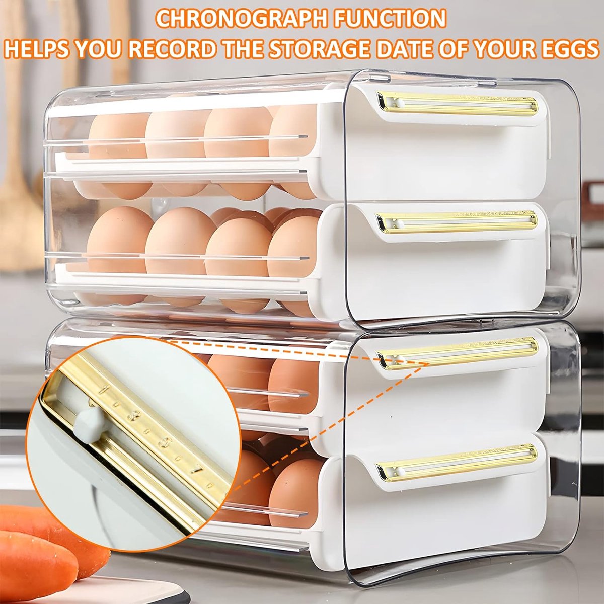 Velox Goods VL‑526 Egg Holder – Refrigerator Egg Tray Duo‑Tier – 32‑Egg Storage (16+16) – Transparent & Stackable