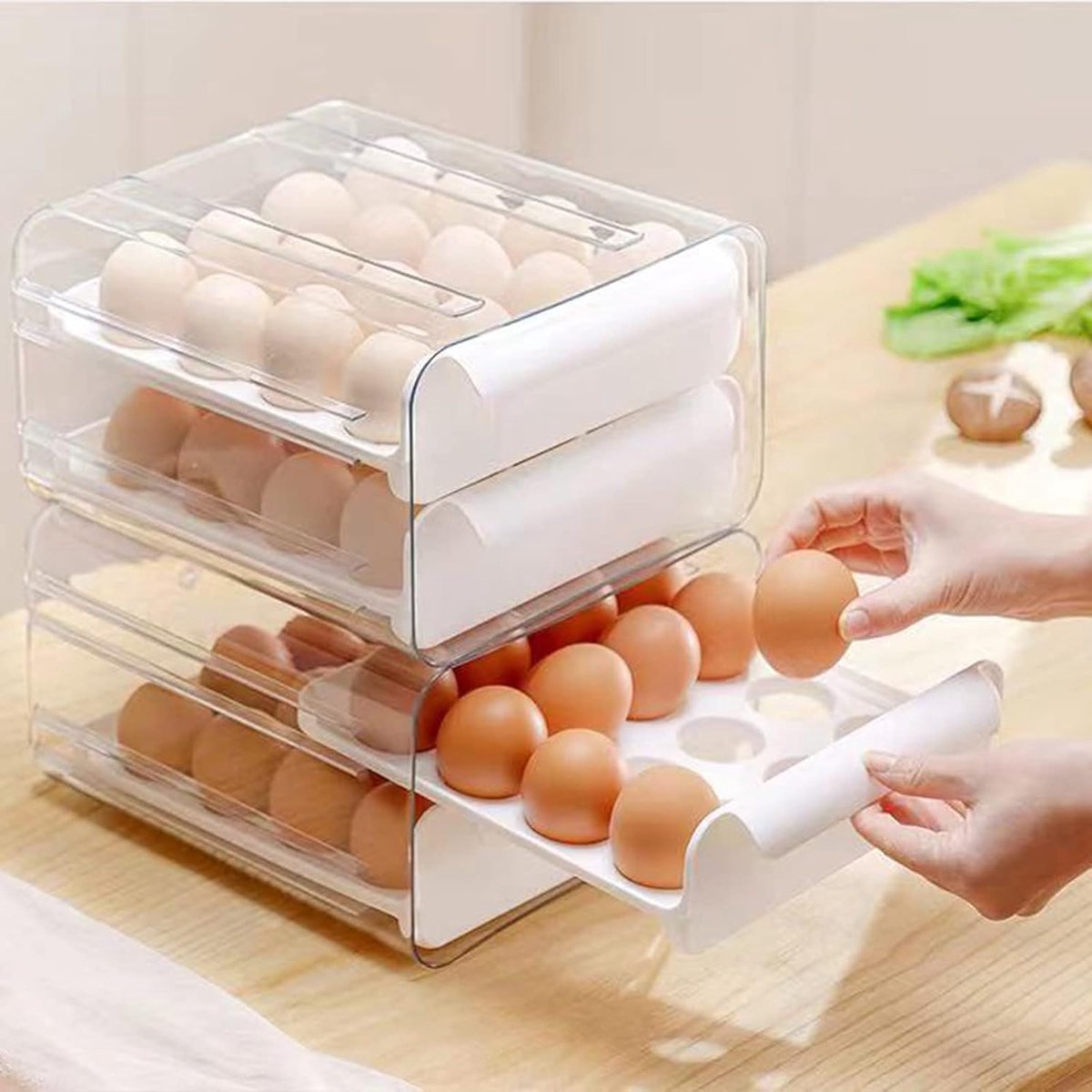 Velox Goods VL‑526 Egg Holder – Refrigerator Egg Tray Duo‑Tier – 32‑Egg Storage (16+16) – Transparent & Stackable