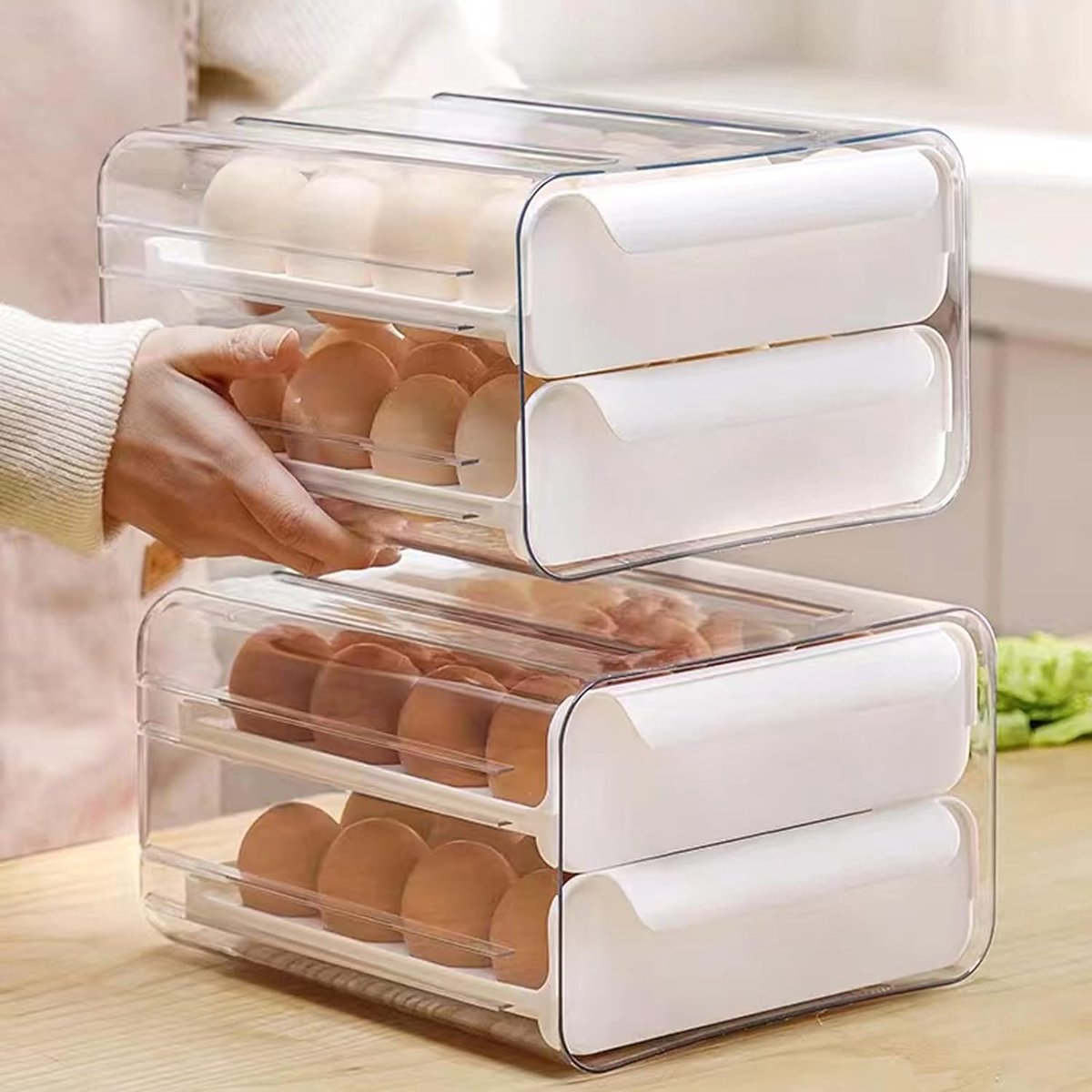 Velox Goods VL‑526 Egg Holder – Refrigerator Egg Tray Duo‑Tier – 32‑Egg Storage (16+16) – Transparent & Stackable