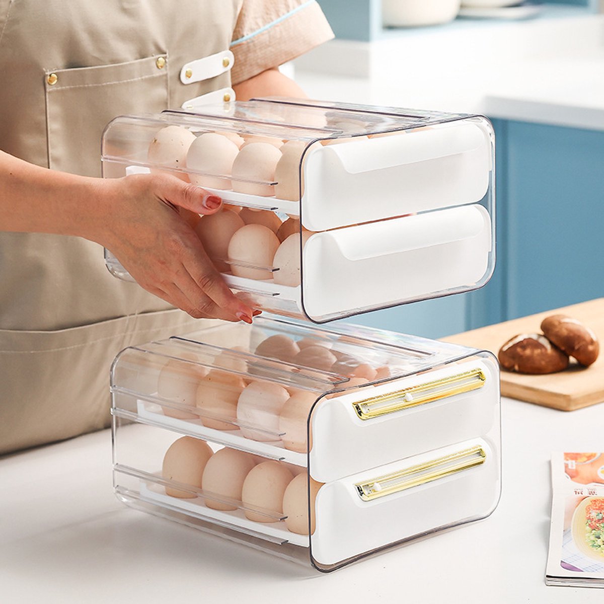 Velox Goods VL‑526 Egg Holder – Refrigerator Egg Tray Duo‑Tier – 32‑Egg Storage (16+16) – Transparent & Stackable