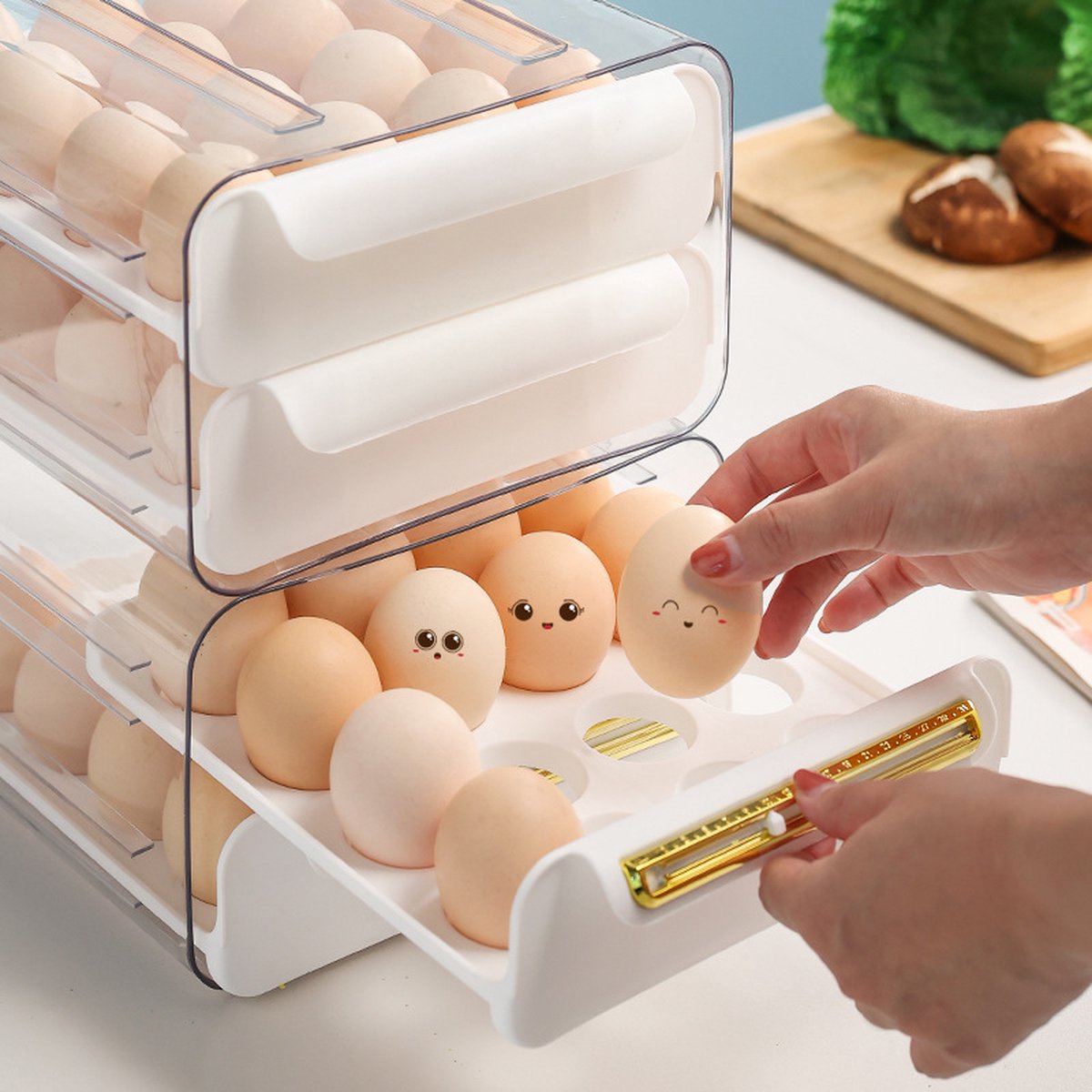 Velox Goods VL‑526 Egg Holder – Refrigerator Egg Tray Duo‑Tier – 32‑Egg Storage (16+16) – Transparent & Stackable