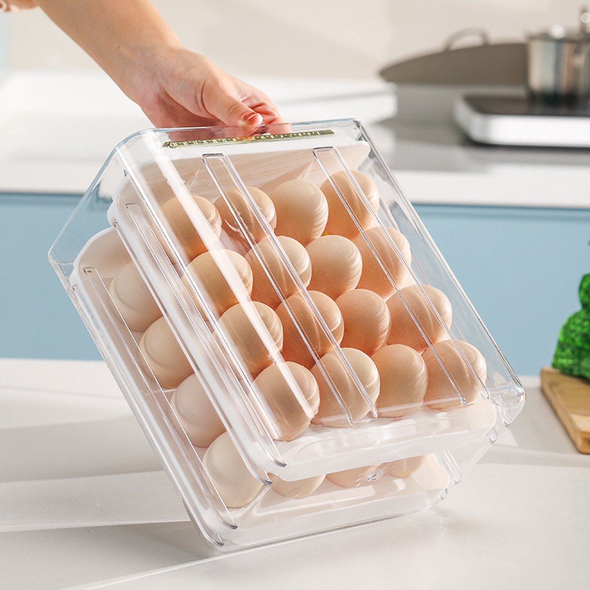Velox Goods VL‑526 Egg Holder – Refrigerator Egg Tray Duo‑Tier – 32‑Egg Storage (16+16) – Transparent & Stackable