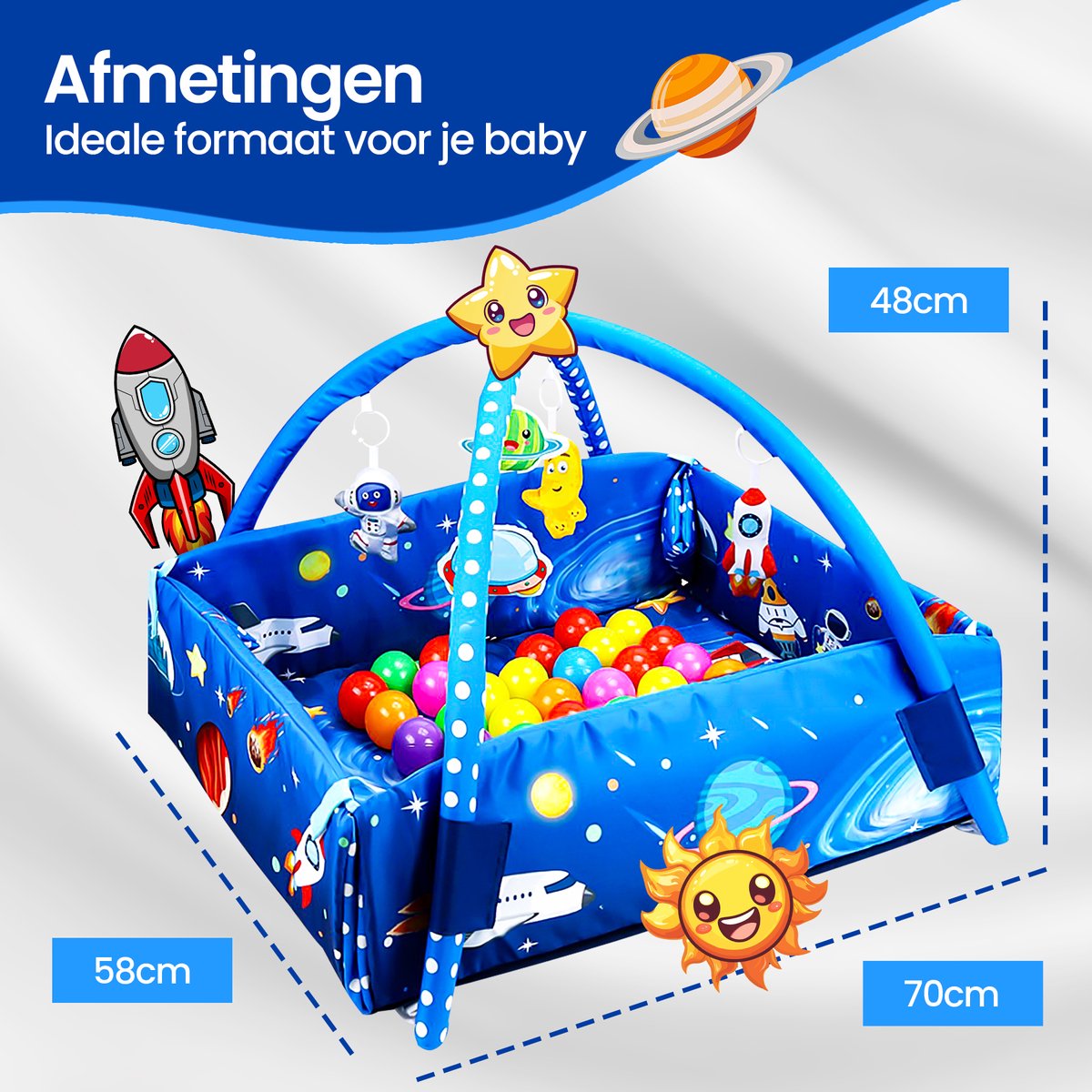 Velox Goods VL-505 Baby Play mat with Space motif – 5-in-1 Gym, Ball pit and Activity mat – Including Hanging toys – From 0 Months – 58x70 cm – Soft & Washable