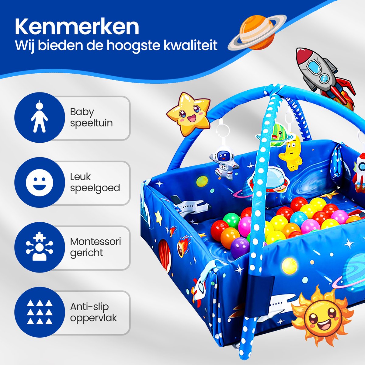 Velox Goods VL-505 Baby Play mat with Space motif – 5-in-1 Gym, Ball pit and Activity mat – Including Hanging toys – From 0 Months – 58x70 cm – Soft & Washable