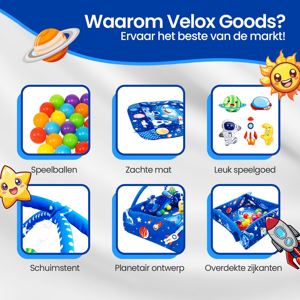 Velox Goods VL-505 Baby Play mat with Space motif – 5-in-1 Gym, Ball pit and Activity mat – Including Hanging toys – From 0 Months – 58x70 cm – Soft & Washable