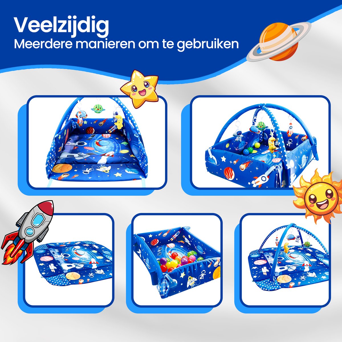 Velox Goods VL-505 Baby Play mat with Space motif – 5-in-1 Gym, Ball pit and Activity mat – Including Hanging toys – From 0 Months – 58x70 cm – Soft & Washable