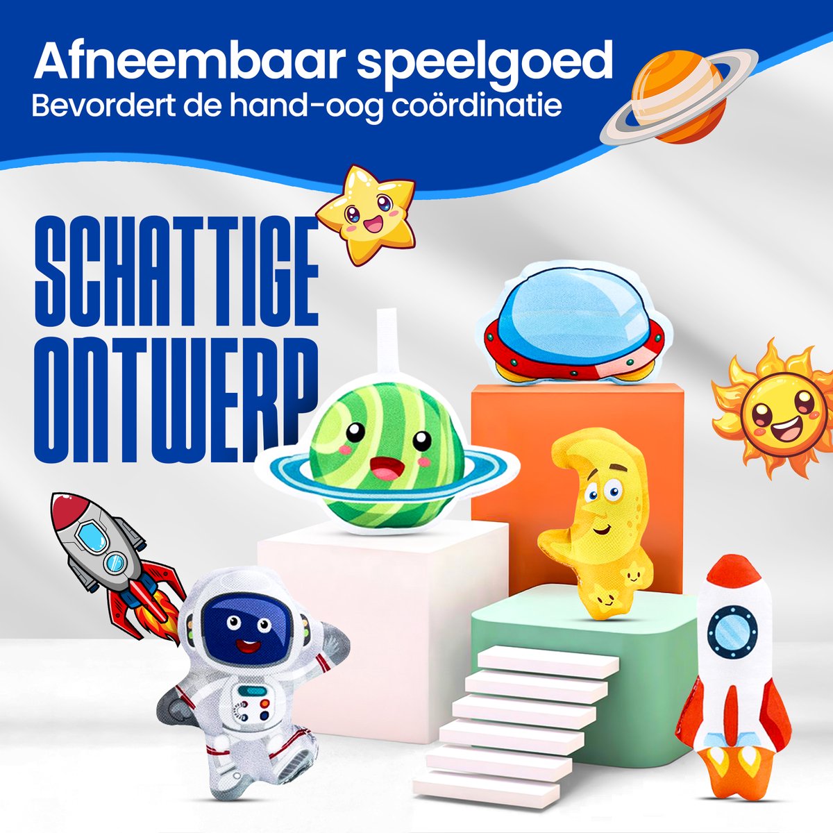 Velox Goods VL-505 Baby Play mat with Space motif – 5-in-1 Gym, Ball pit and Activity mat – Including Hanging toys – From 0 Months – 58x70 cm – Soft & Washable