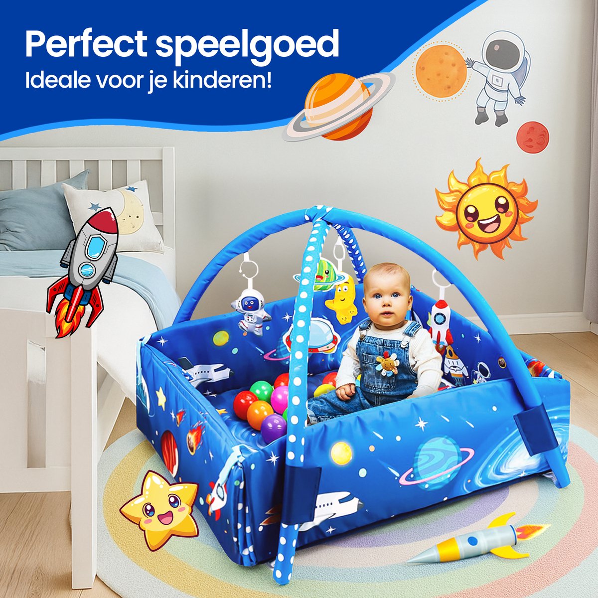 Velox Goods VL-505 Baby Play mat with Space motif – 5-in-1 Gym, Ball pit and Activity mat – Including Hanging toys – From 0 Months – 58x70 cm – Soft & Washable