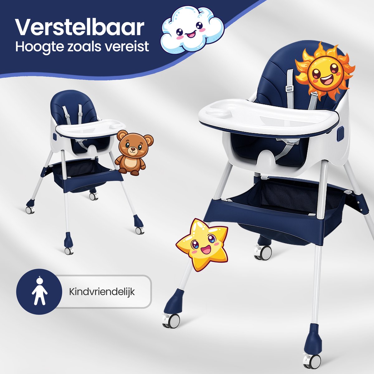 Velox Goods VL-508 Baby Chair – 4-in-1 High Chair with Adjustable Backrest, Seat Belt and Storage Space – Suitable from 6 Months to 6 Years – Dining Chair, Crib and Play Area – Foldable and Non-slip