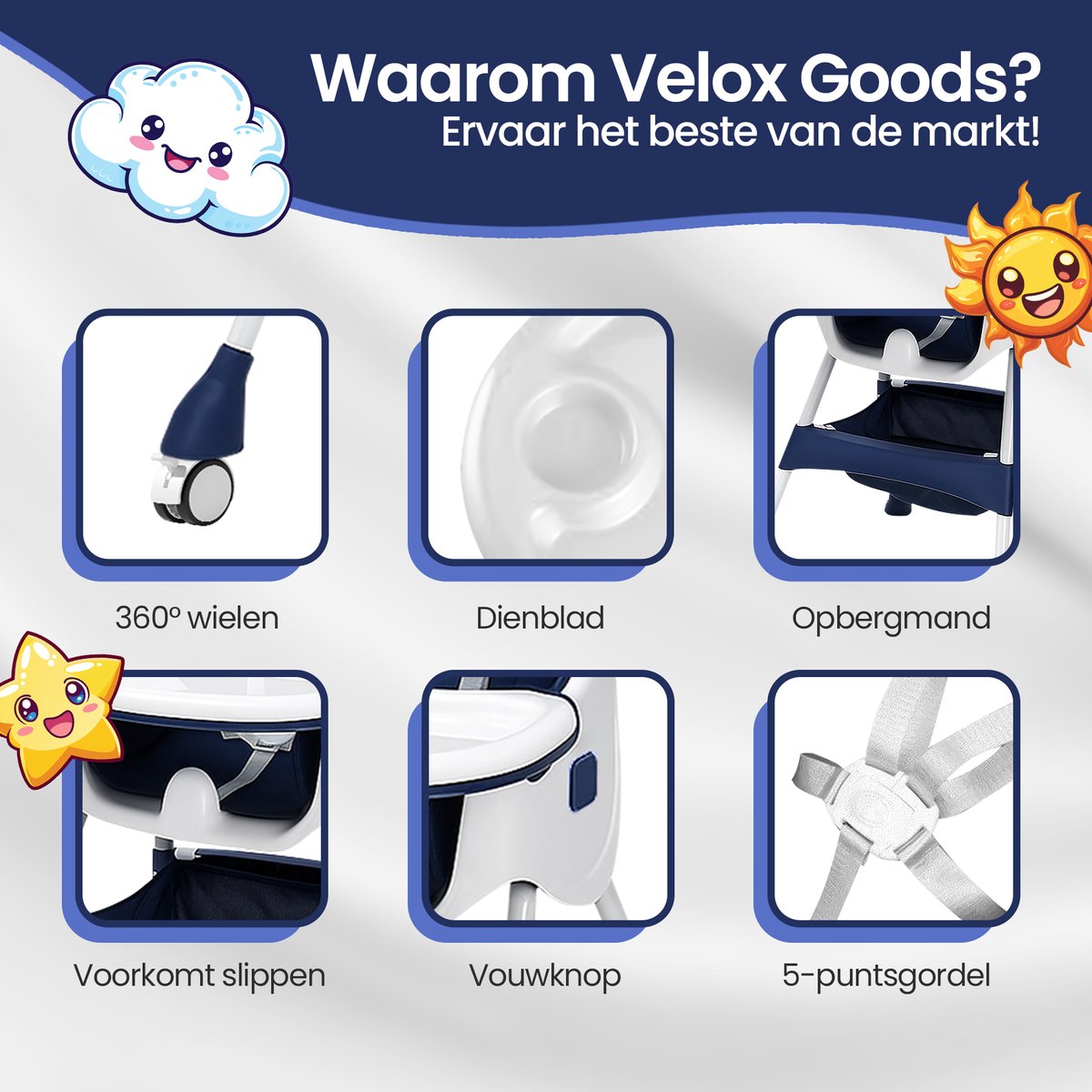 Velox Goods VL-508 Baby Chair – 4-in-1 High Chair with Adjustable Backrest, Seat Belt and Storage Space – Suitable from 6 Months to 6 Years – Dining Chair, Crib and Play Area – Foldable and Non-slip