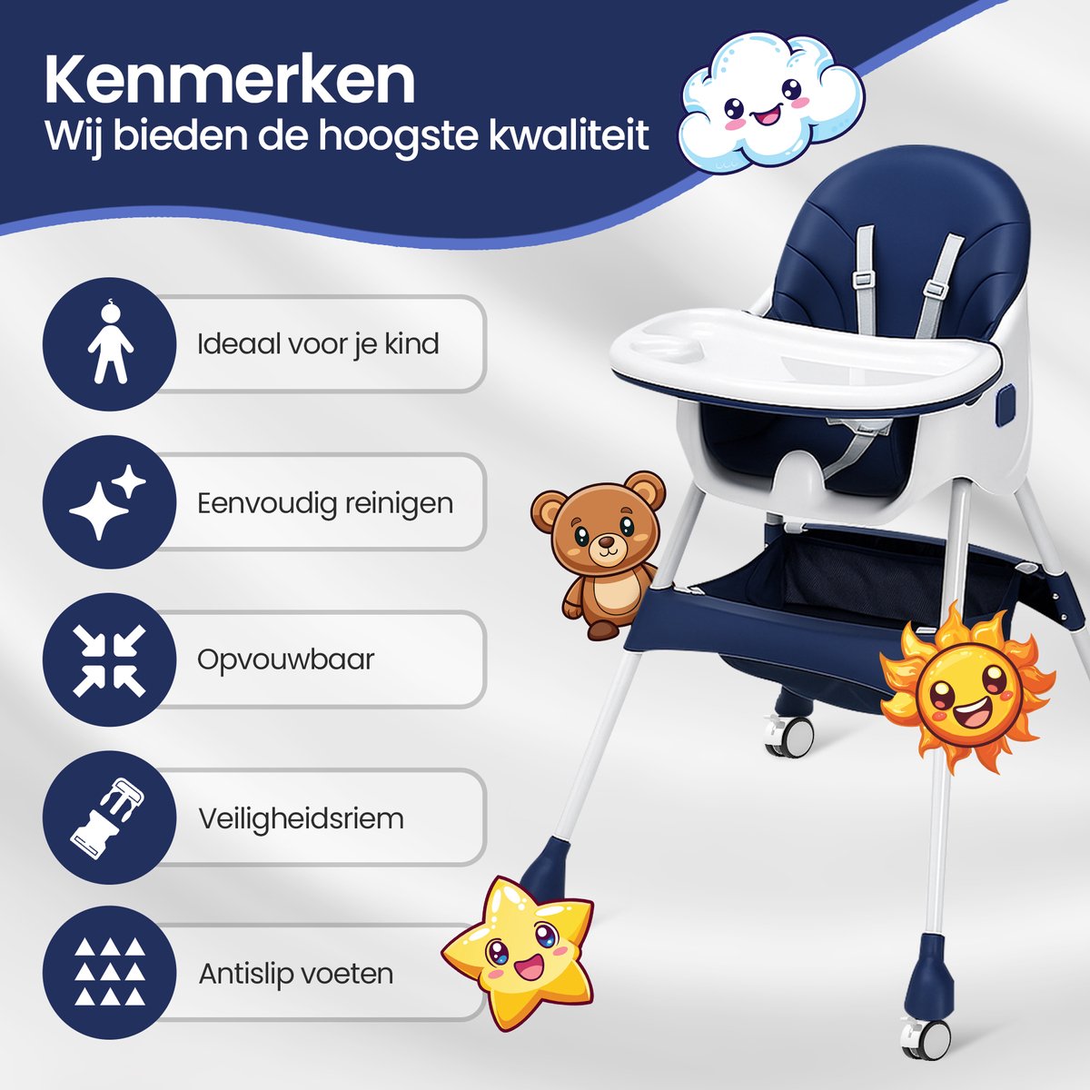 Velox Goods VL-508 Baby Chair – 4-in-1 High Chair with Adjustable Backrest, Seat Belt and Storage Space – Suitable from 6 Months to 6 Years – Dining Chair, Crib and Play Area – Foldable and Non-slip