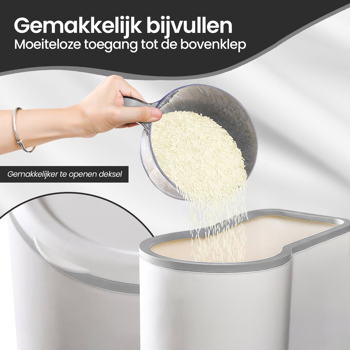 Rijstdispenser bijvullen via de klep aan de bovenkant