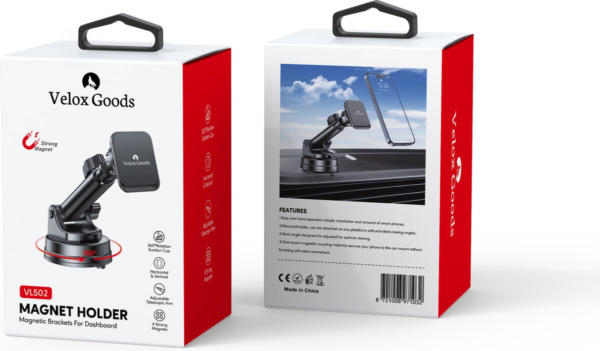 Velox Goods VL-502 Magnetic Phone Holder Car – Strong Suction Cup – Extractable Arm – 360° Rotatable – Suitable for Dashboard, Windshield & Desk – Universal Smartphone Holder – Black