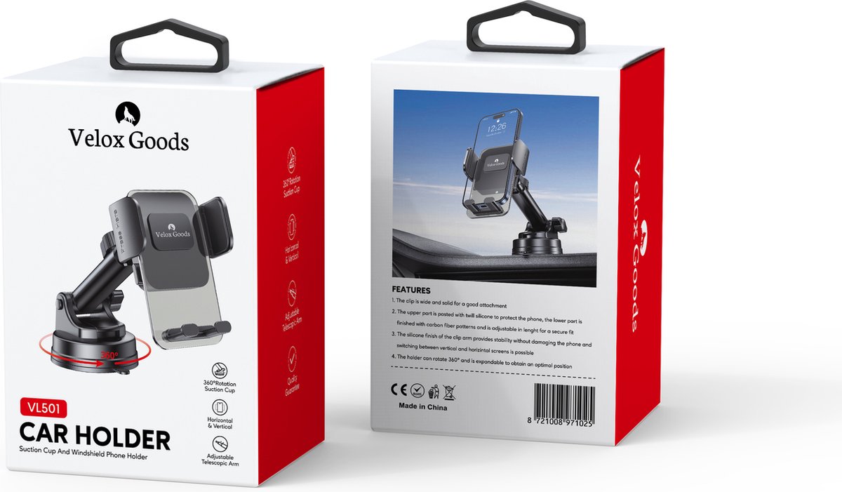 Velox Goods VL-501 Phone Holder Car – Strong Suction Cup – 360° Rotatable – For Dashboard, Windshield & Desk – Universal Smartphone Holder – Black