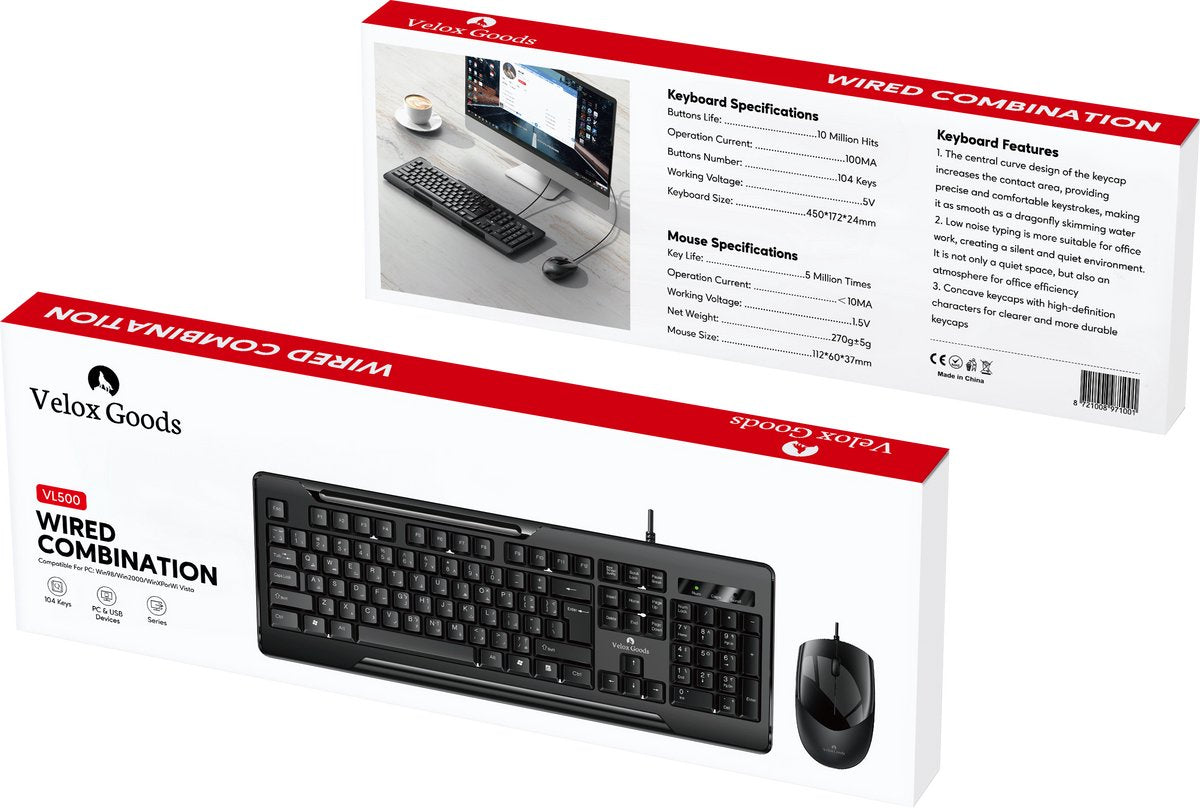 Velox Goods VL-500 Keyboard and Mouse Set – Wired – Silent – Splashproof – Plug & Play
