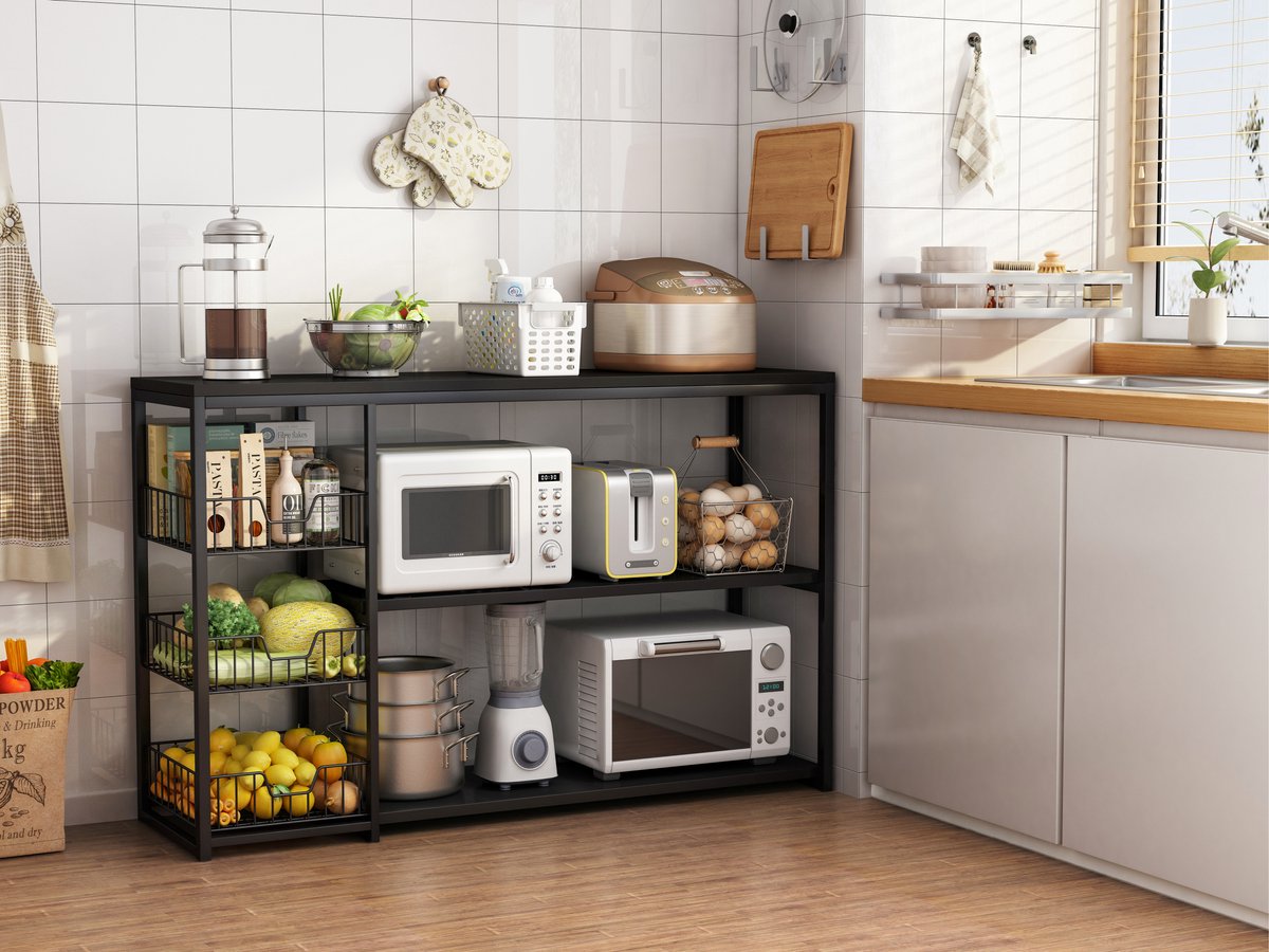 Velox Goods VL‑524 Keukeneiland – Staand Keukenrek met 3 Stevige Planken & Werkblad – Magnetronkast – Organizer voor Groente, Fruit & Keukenapparaten – Zwart – Metaal & Houtlook