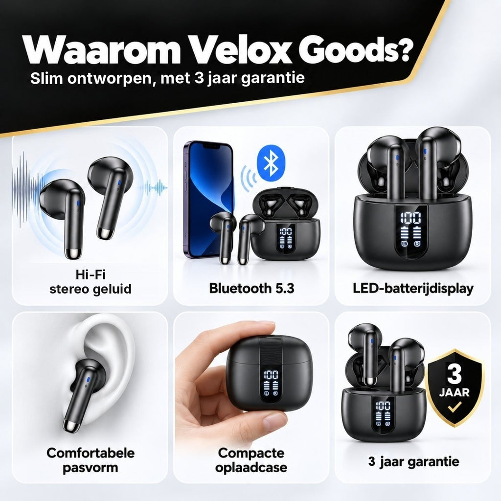Waarom Velox Goods: Bluetooth 5.3, LED-batterijdisplay en 3 jaar garantie