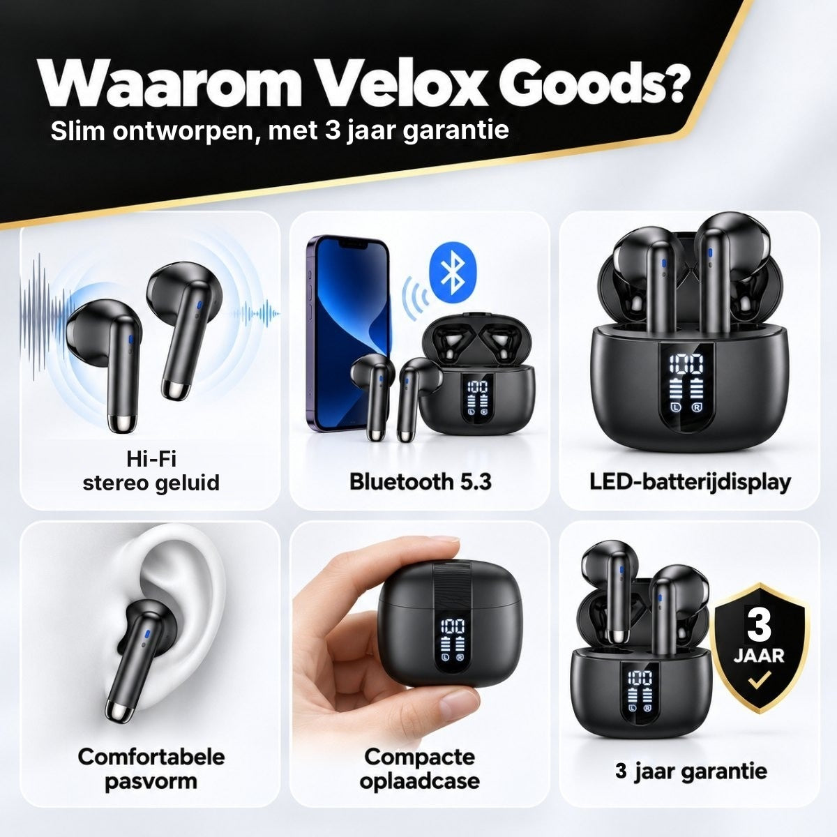 Waarom Velox Goods: Bluetooth 5.3, LED-batterijdisplay en 3 jaar garantie