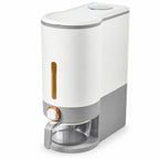 Witte rijstdispenser met grijze voet, kijkvenster en drukknop