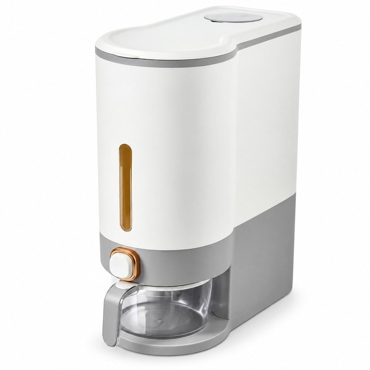 Witte rijstdispenser met grijze voet, kijkvenster en drukknop