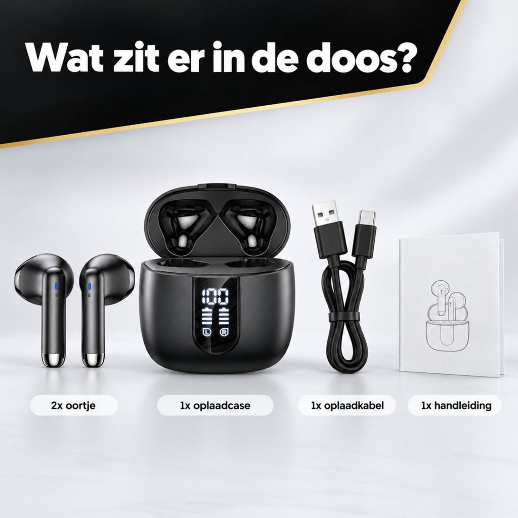 Inhoud van de doos: oordopjes, oplaadcase, USB-C kabel en handleiding