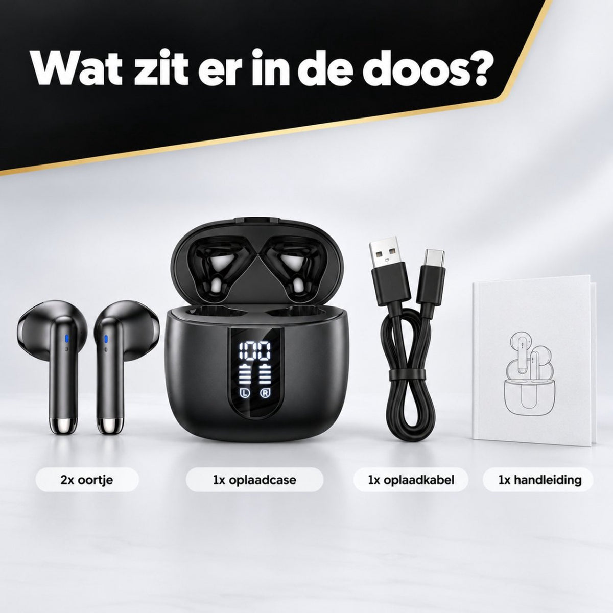 Inhoud van de doos: oordopjes, oplaadcase, USB-C kabel en handleiding