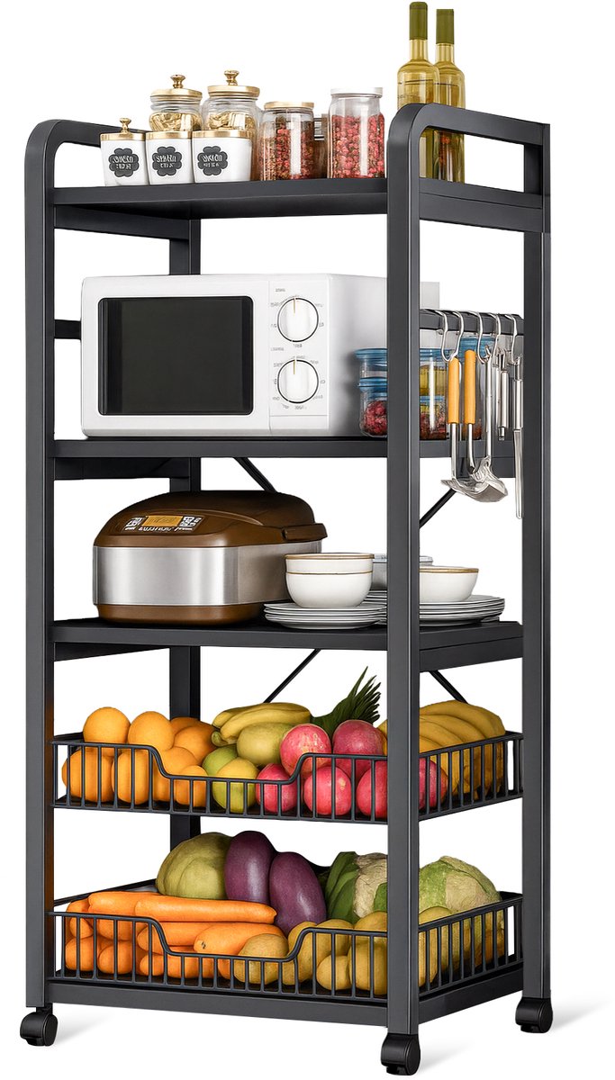 Velox Goods VL‑523 Kitchen Shelves – Sturdy 4-Tier Storage Rack with Microwave Shelf – Metal Standing Kitchen Rack – For Vegetables, Fruits & Appliances – Black