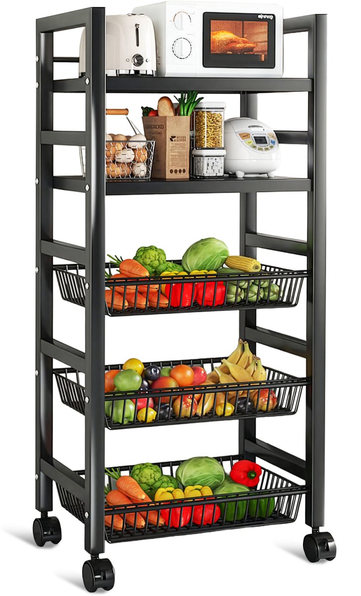 Velox Goods VL-518 Kitchen Shelves – Sturdy Storage Rack with 5 Layers – Mobile Metal Kitchen Rack with Mesh Baskets – Suitable for Microwave, Fruit, Vegetable & Kitchen Equipment – Black – 58x36x127 cm