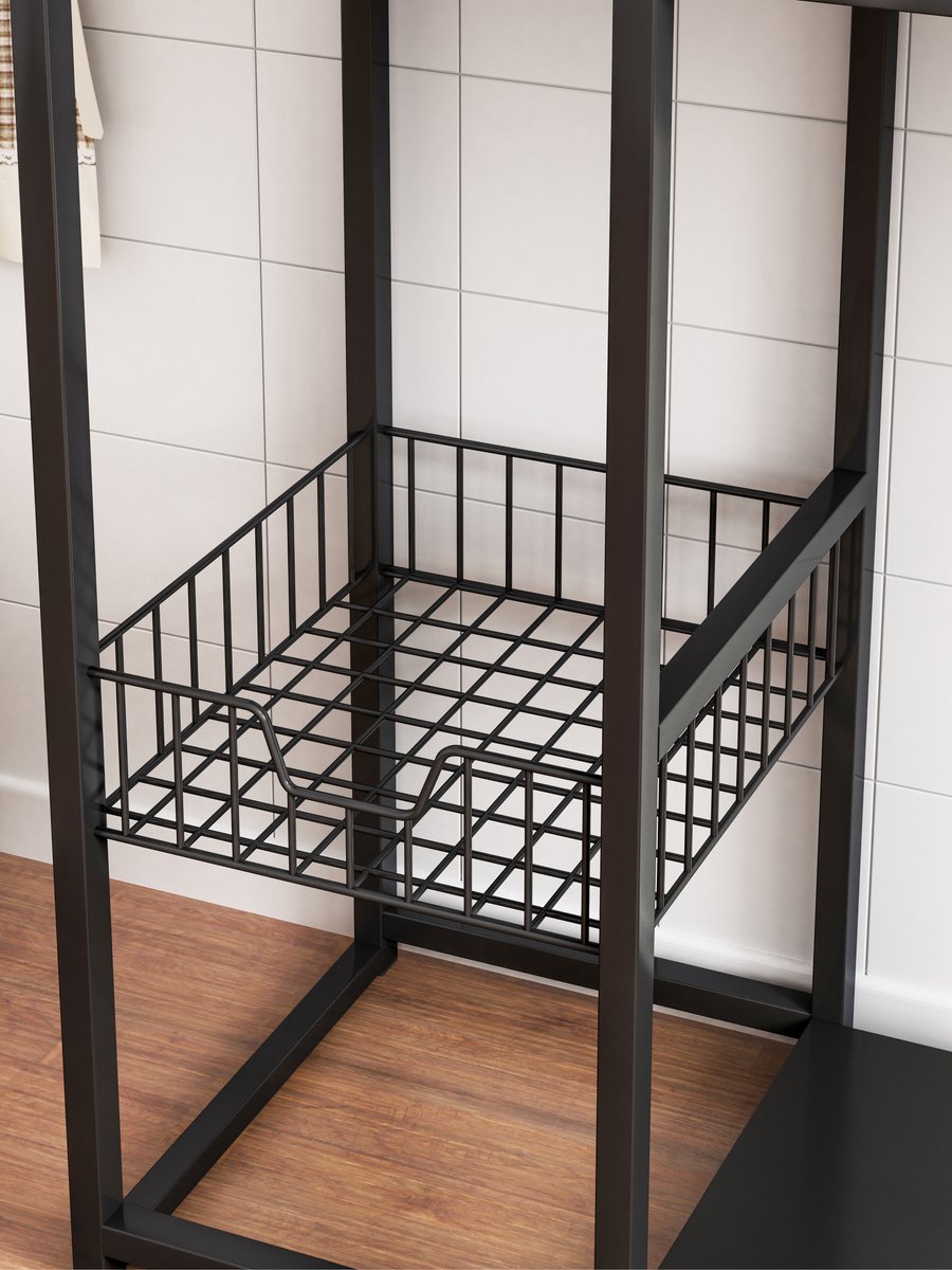 Velox Goods VL‑524 Keukeneiland – Staand Keukenrek met 3 Stevige Planken & Werkblad – Magnetronkast – Organizer voor Groente, Fruit & Keukenapparaten – Zwart – Metaal & Houtlook