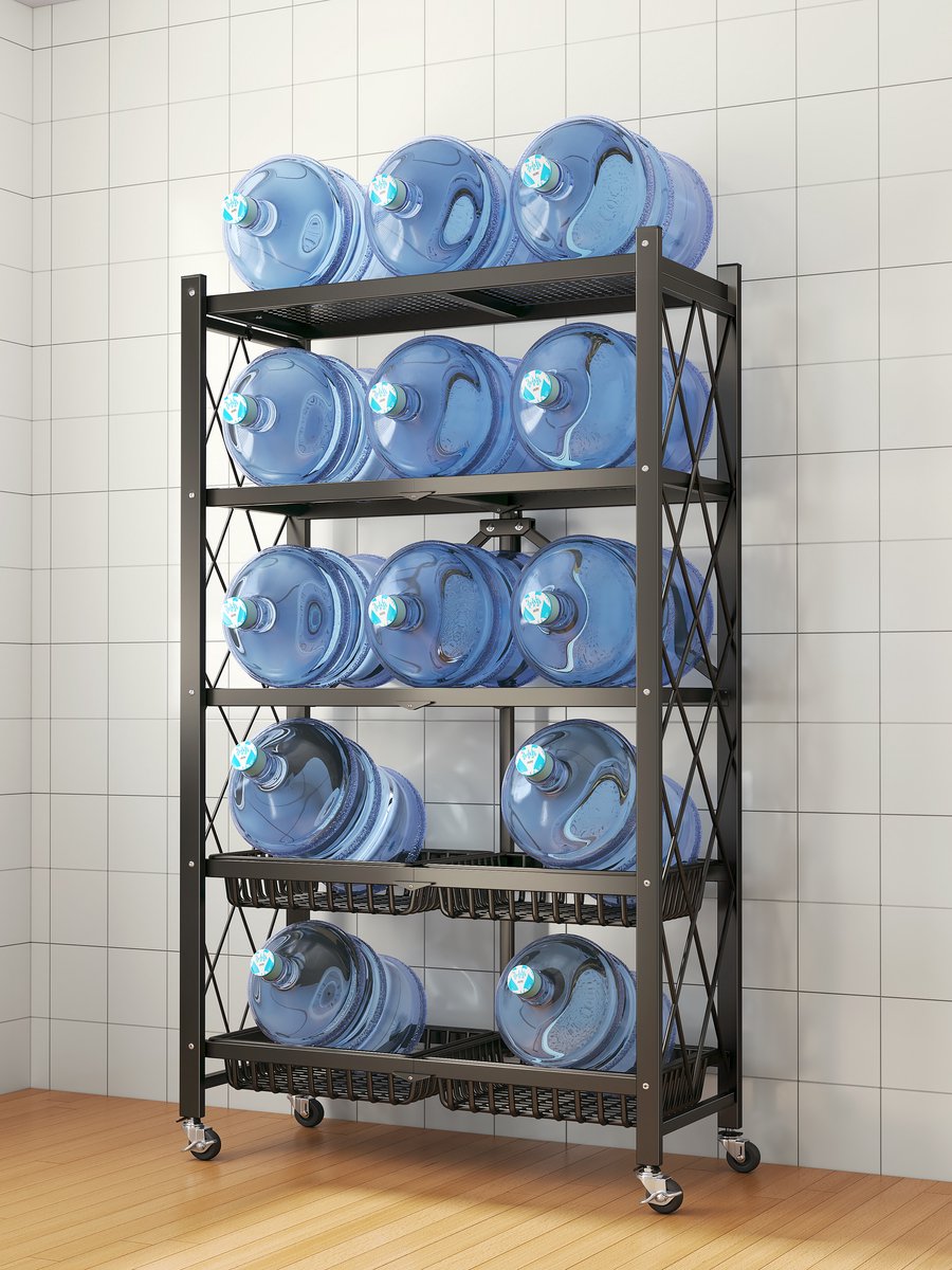 Velox Goods VL‑522 4‑Layer Storage Rack – Collapsible Shelves with Wheels – Sturdy Standing Rack for Kitchen, Bathroom & Living Room – Open Box Cabinet – Black